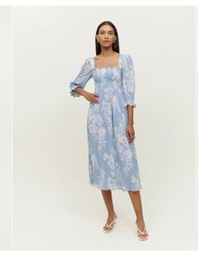 Reformation fable Powder Blue Floral Midi Dress NWT